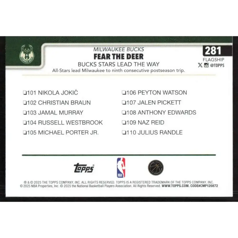 2025-26 Topps #281 Giannis Antetokounmpo NM-MT Milwaukee Bucks Basketball Card - Basketball Card Single