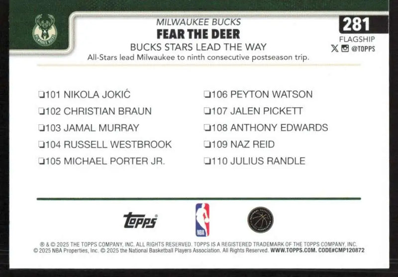 2025-26 Topps #281 Giannis Antetokounmpo NM-MT Milwaukee Bucks Basketball Card - Basketball Card Single