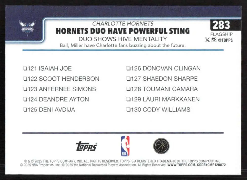 2025-26 Topps #283 Brandon Miller NM-MT Charlotte Hornets Basketball Card - Basketball Card Single