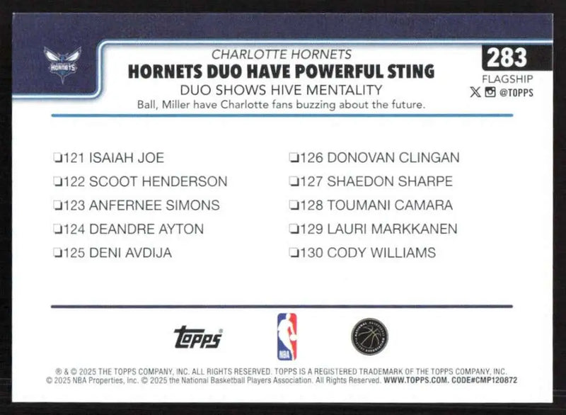2025-26 Topps #283 Brandon Miller NM-MT Charlotte Hornets Basketball Card - Basketball Card Single