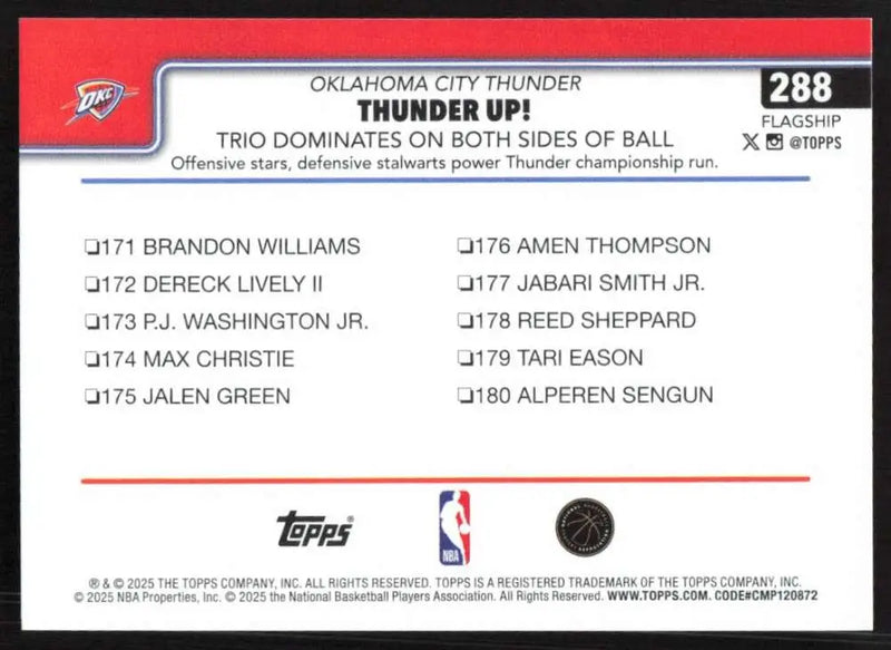 2025-26 Topps #288 Shai Gilgeous-Alexander NM-MT Oklahoma City Thunder Basketball Card - Basketball Card Single