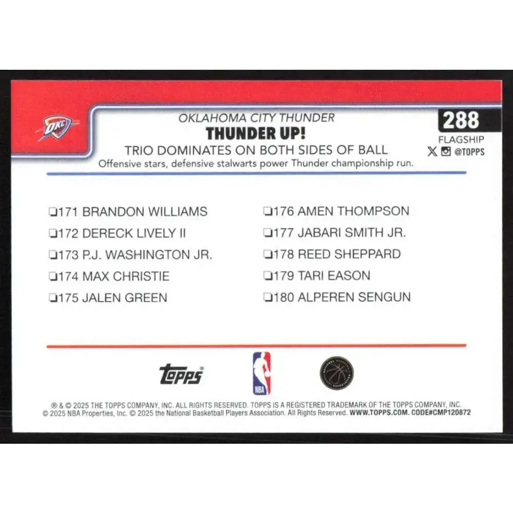 2025-26 Topps #288 Shai Gilgeous-Alexander NM-MT Oklahoma City Thunder Basketball Card - Basketball Card Single