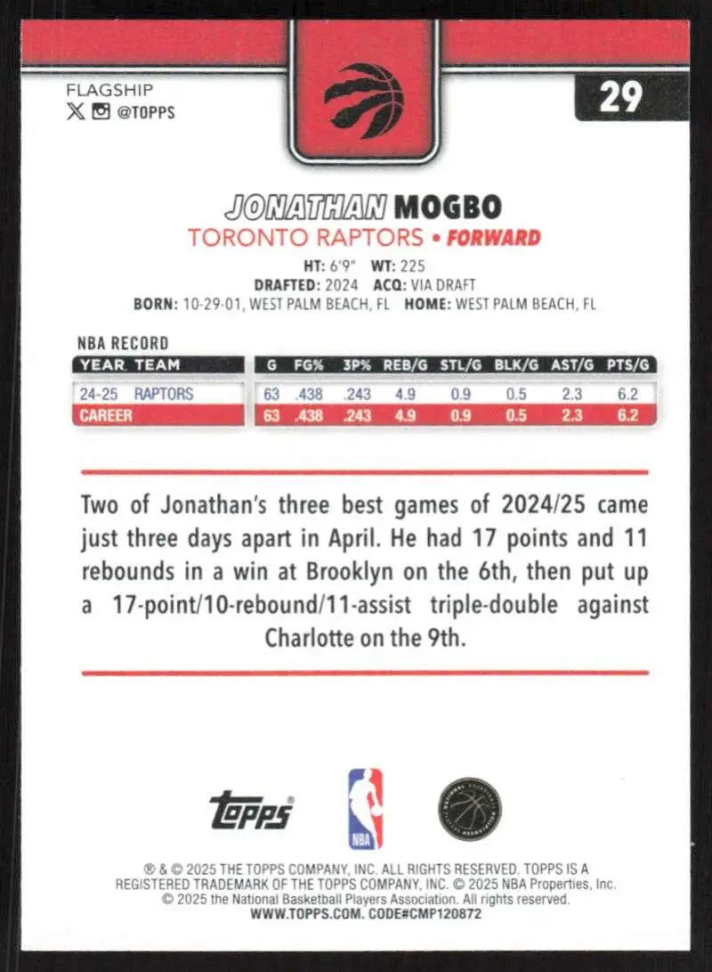 2025-26 Topps #29 Jonathan Mogbo NM-MT Toronto Raptors Basketball Card - Basketball Card Single