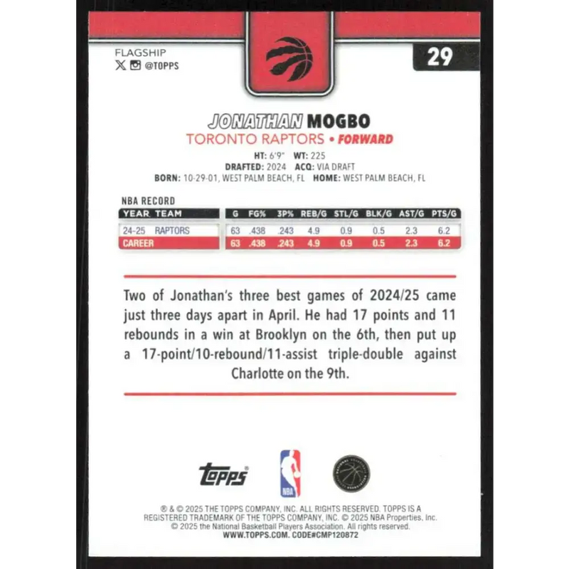 2025-26 Topps #29 Jonathan Mogbo NM-MT Toronto Raptors Basketball Card - Basketball Card Single