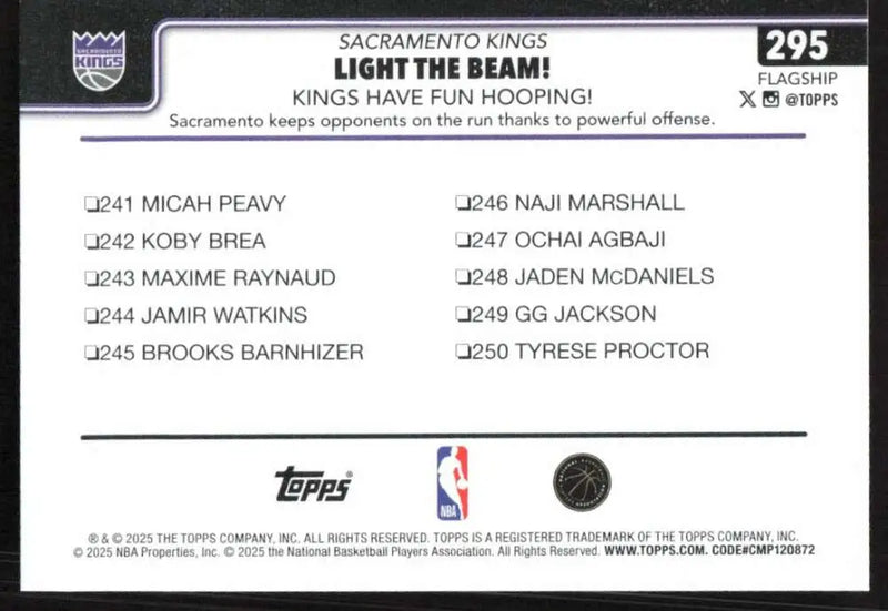 2025-26 Topps #295 Zach Lavine NM-MT Sacramento Kings Basketball Card - Basketball Card Single