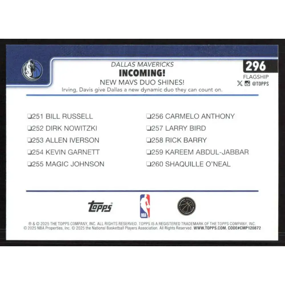 2025-26 Topps #296 Anthony Davis NM-MT Dallas Mavericks Basketball Card