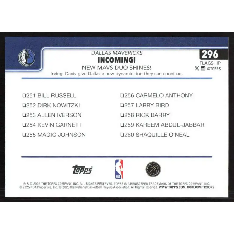 2025-26 Topps #296 Anthony Davis NM-MT Dallas Mavericks Basketball Card
