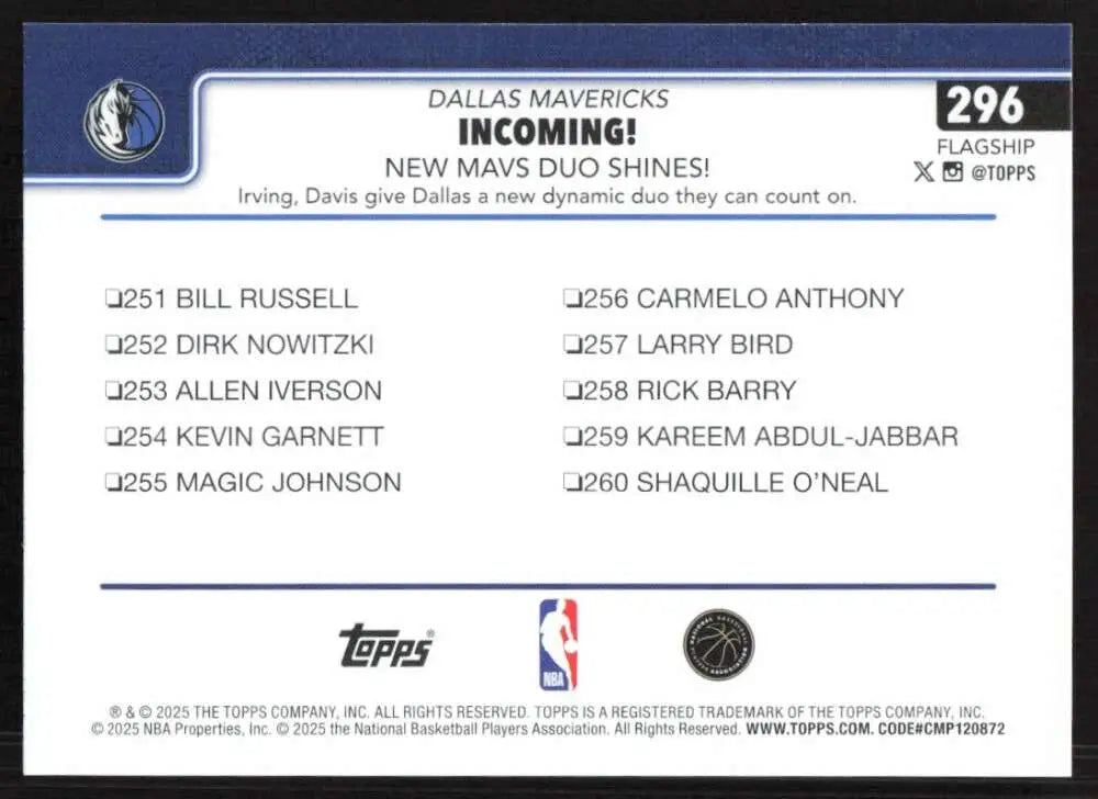 2025-26 Topps #296 Anthony Davis NM-MT Dallas Mavericks Basketball Card - Basketball Card Single