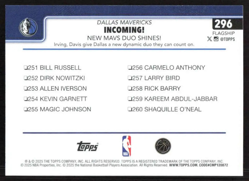 2025-26 Topps #296 Anthony Davis NM-MT Dallas Mavericks Basketball Card - Basketball Card Single