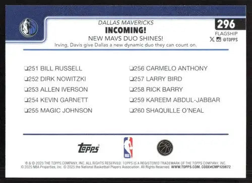 2025-26 Topps #296 Anthony Davis NM-MT Mavericks ID:80854 - Basketball Card Single