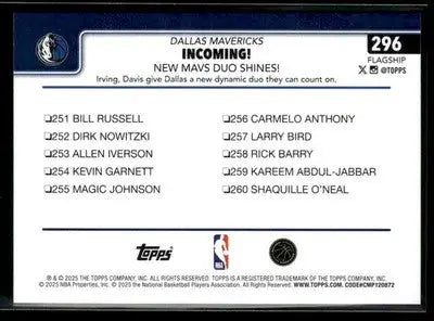 2025-26 Topps #296 Incoming!: New Mavs Duo Shines! Base Dallas Mavericks - Basketball Card Single