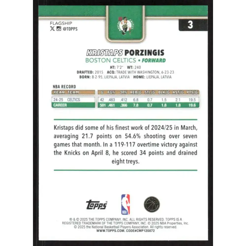 2025-26 Topps #3 Kristaps Porzingis NM-MT Boston Celtics Basketball Card - Basketball Card Single