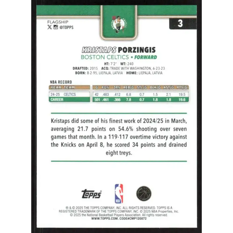 2025-26 Topps #3 Kristaps Porzingis NM-MT Boston Celtics Basketball Card - Basketball Card Single