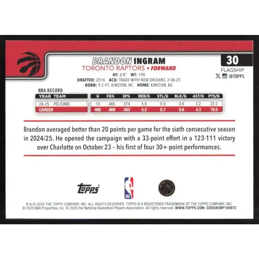 2025-26 Topps #30 Brandon Ingram NM-MT Toronto Raptors Basketball Card - Basketball Card Single