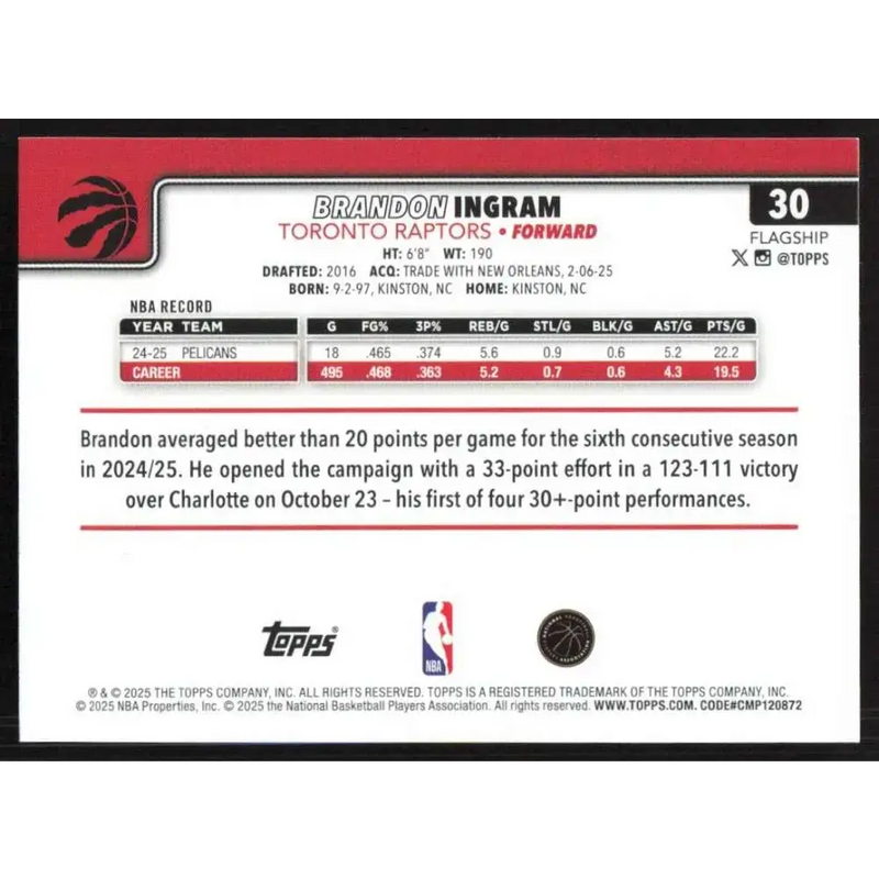 2025-26 Topps #30 Brandon Ingram NM-MT Toronto Raptors Basketball Card - Basketball Card Single
