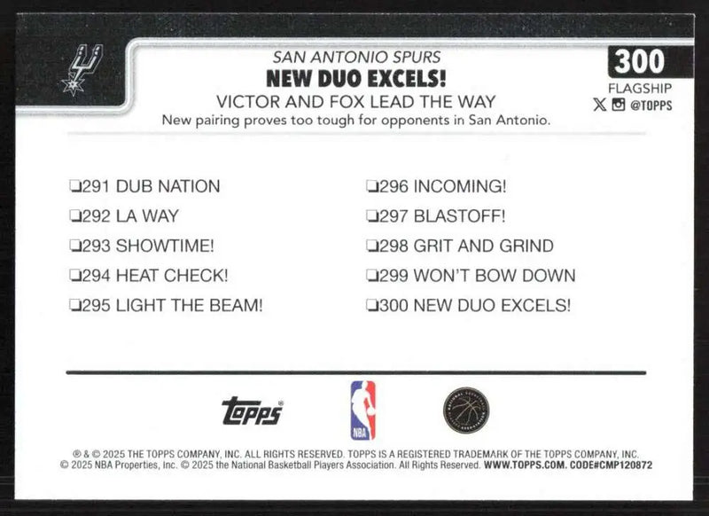 2025-26 Topps #300 Victor Wembanyama NM-MT San Antonio Spurs Basketball Card - Basketball Card Single