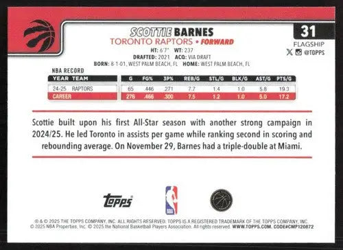 2025-26 Topps #31 Scottie Barnes NM-MT Raptors ID:80792 - Basketball Card Single