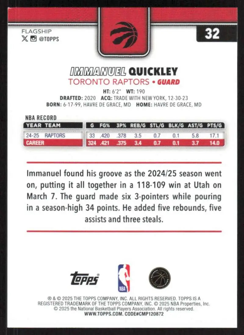 2025-26 Topps #32 Immanuel Quickley NM-MT Toronto Raptors Basketball Card - Basketball Card Single