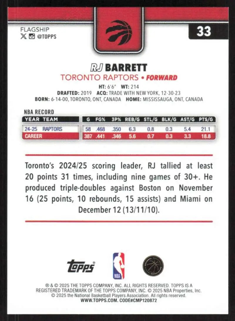 2025-26 Topps #33 RJ Barrett NM-MT Toronto Raptors Basketball Card - Basketball Card Single