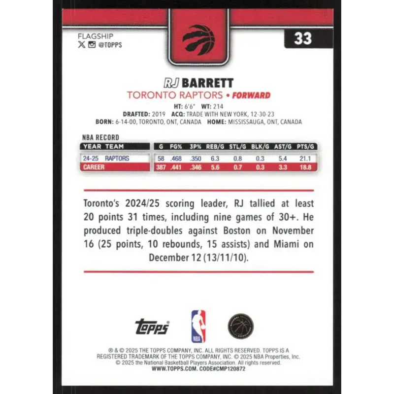 2025-26 Topps #33 RJ Barrett NM-MT Toronto Raptors Basketball Card - Basketball Card Single
