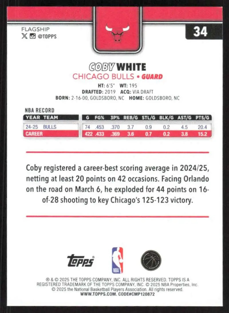 2025-26 Topps #34 Coby White NM-MT Chicago Bulls Basketball Card