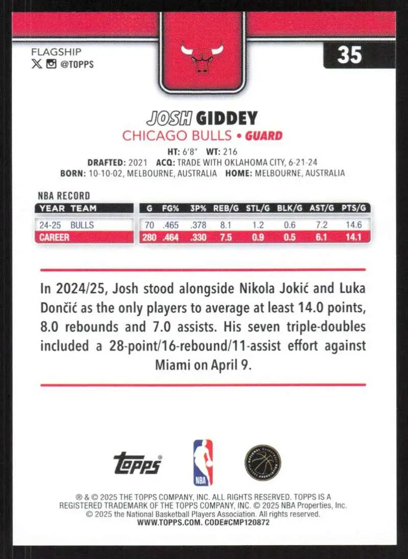 2025-26 Topps #35 Josh Giddey NM-MT Chicago Bulls Basketball Card - Basketball Card Single