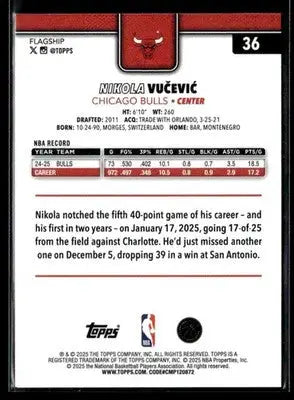 2025-26 Topps #36 Nikola Vucevic Base Chicago Bulls - Basketball Card Single