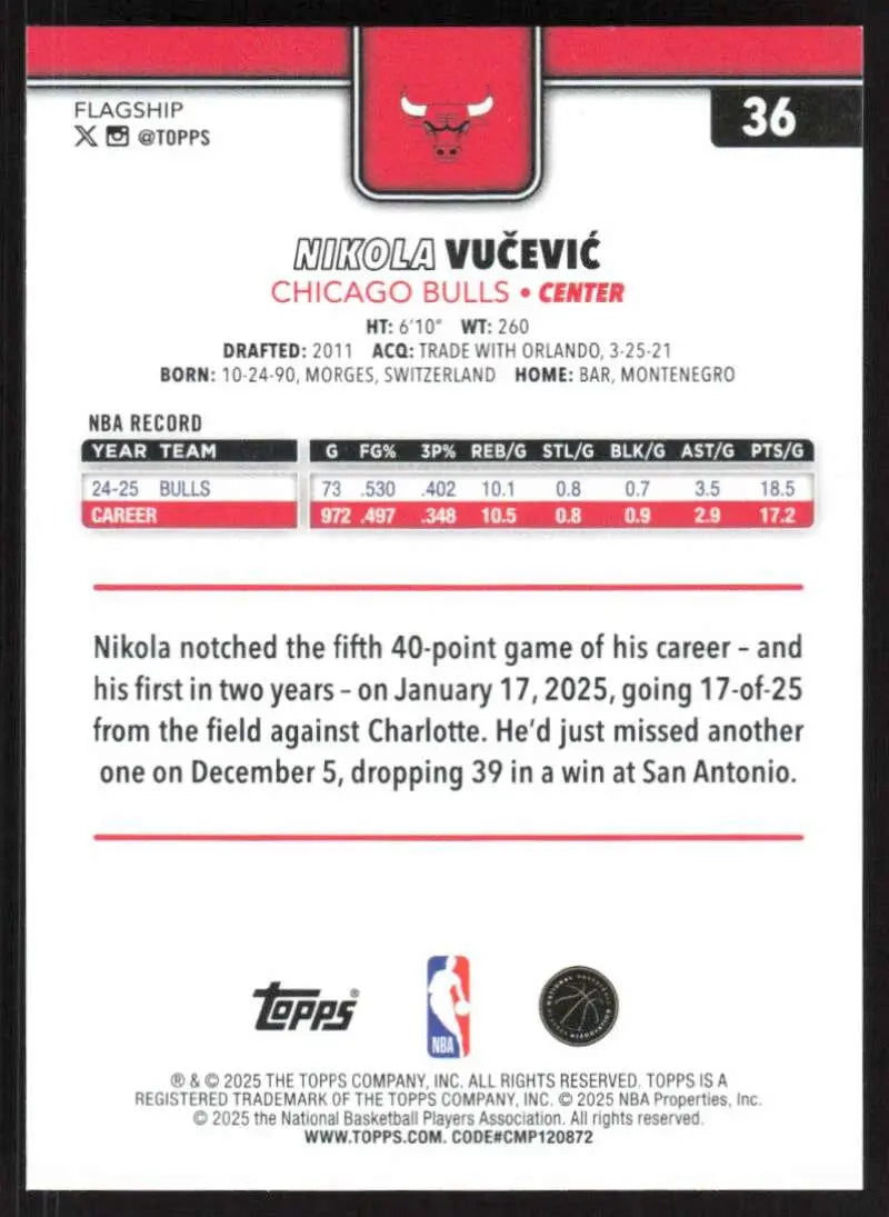 2025-26 Topps #36 Nikola Vucevic NM-MT Chicago Bulls Basketball Card - Basketball Card Single