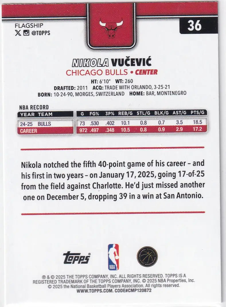 2025-26 TOPPS #36 NIKOLA VUCEVIC SPARKLE- CHICAGO BULLS - Basketball Card Single