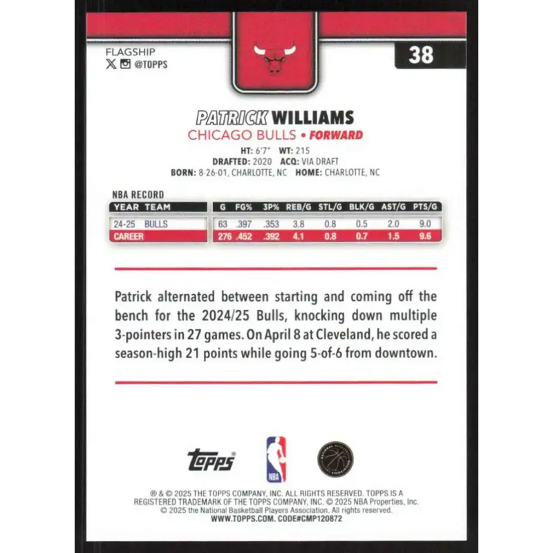 2025-26 Topps #38 Patrick Williams NM-MT Chicago Bulls Basketball Card - Basketball Card Single
