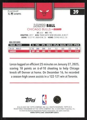 2025-26 Topps #39 Lonzo Ball NM-MT Bulls ID:80793 - Basketball Card Single