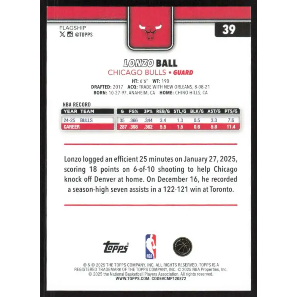 2025-26 Topps #39 Lonzo Ball NM-MT Chicago Bulls Basketball Card - Basketball Card Single