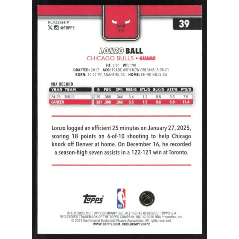 2025-26 Topps #39 Lonzo Ball NM-MT Chicago Bulls Basketball Card - Basketball Card Single