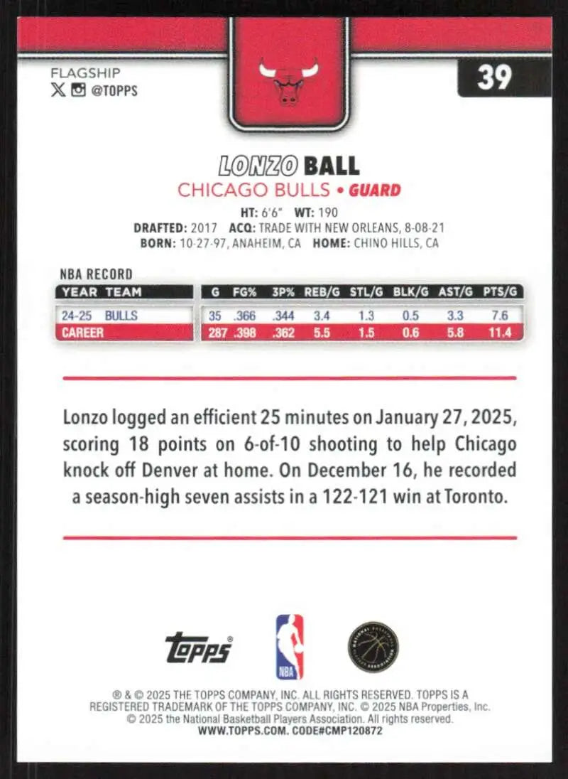 2025-26 Topps #39 Lonzo Ball NM-MT Chicago Bulls Basketball Card - Basketball Card Single
