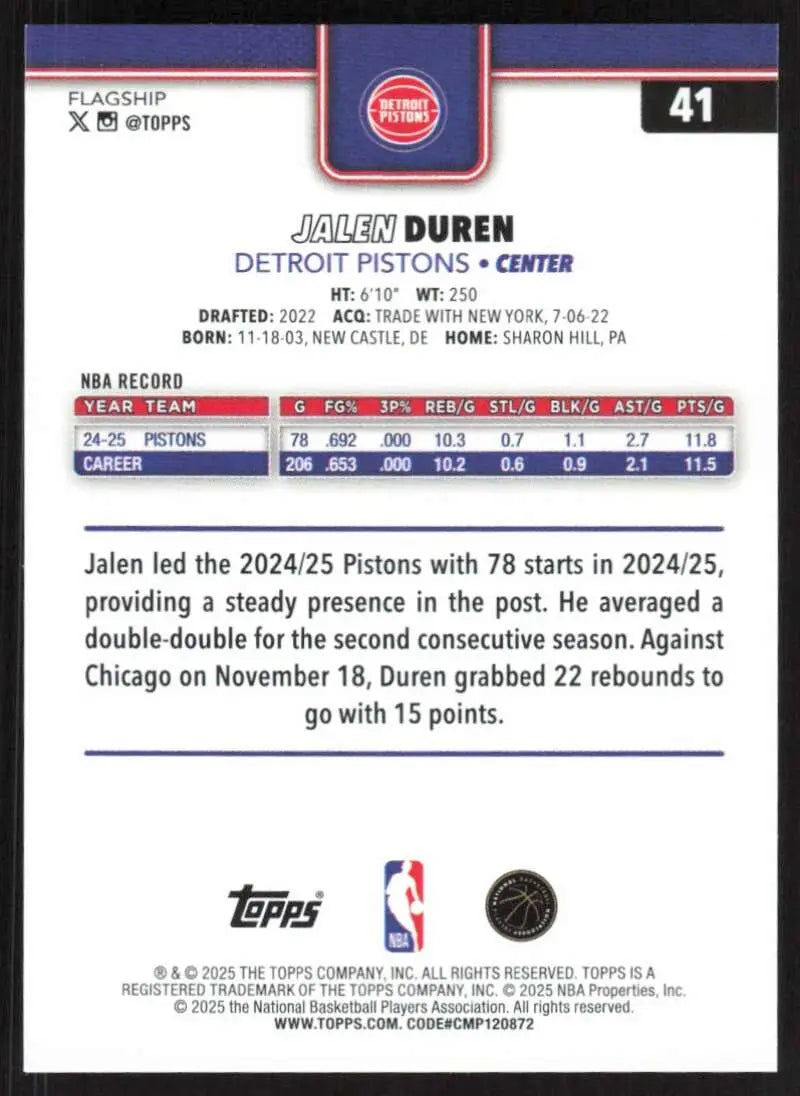 2025-26 Topps #41 Jalen Duren NM-MT Detroit Pistons Basketball Card - Basketball Card Single