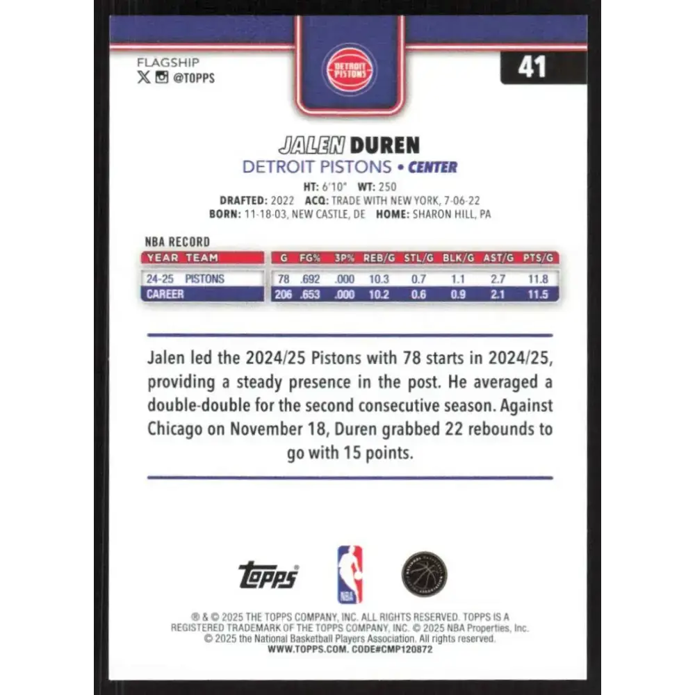 2025-26 Topps #41 Jalen Duren NM-MT Detroit Pistons Basketball Card - Basketball Card Single