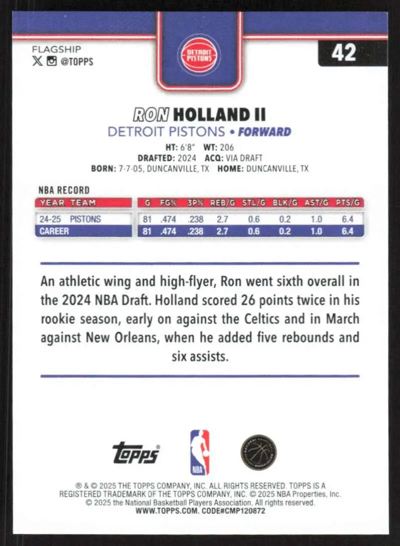 2025-26 Topps #42 Ron Holland II NM-MT Detroit Pistons Basketball Card - Basketball Card Single