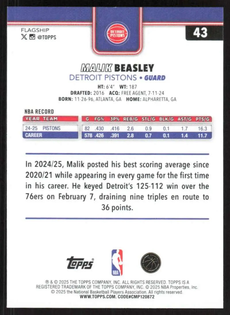 2025-26 Topps #43 Malik Beasley NM-MT Detroit Pistons Basketball Card - Basketball Card Single