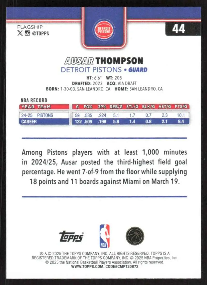 2025-26 Topps #44 Ausar Thompson NM-MT Detroit Pistons Basketball Card - Basketball Card Single