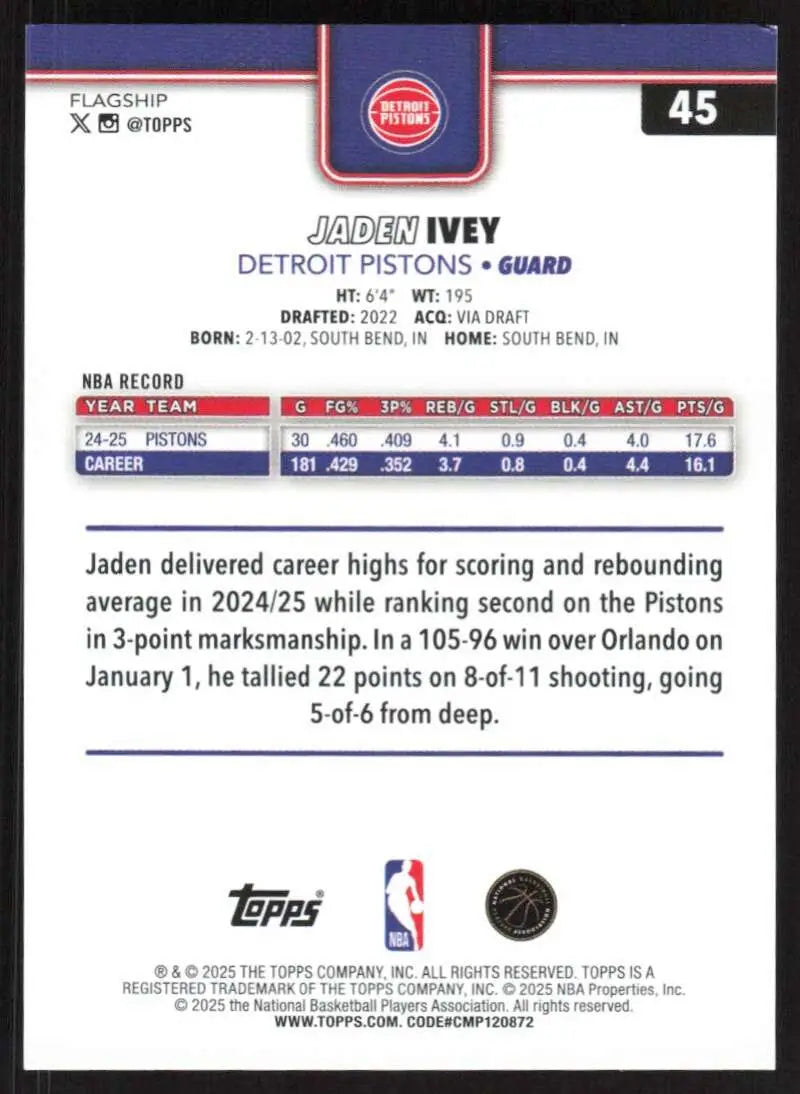 2025-26 Topps #45 Jaden Ivey NM-MT Detroit Pistons Basketball Card - Basketball Card Single