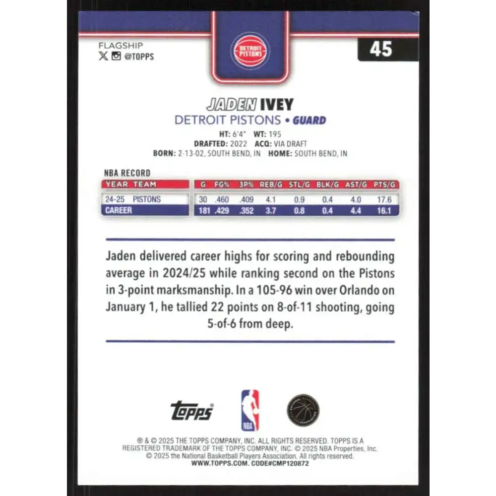 2025-26 Topps #45 Jaden Ivey NM-MT Detroit Pistons Basketball Card - Basketball Card Single