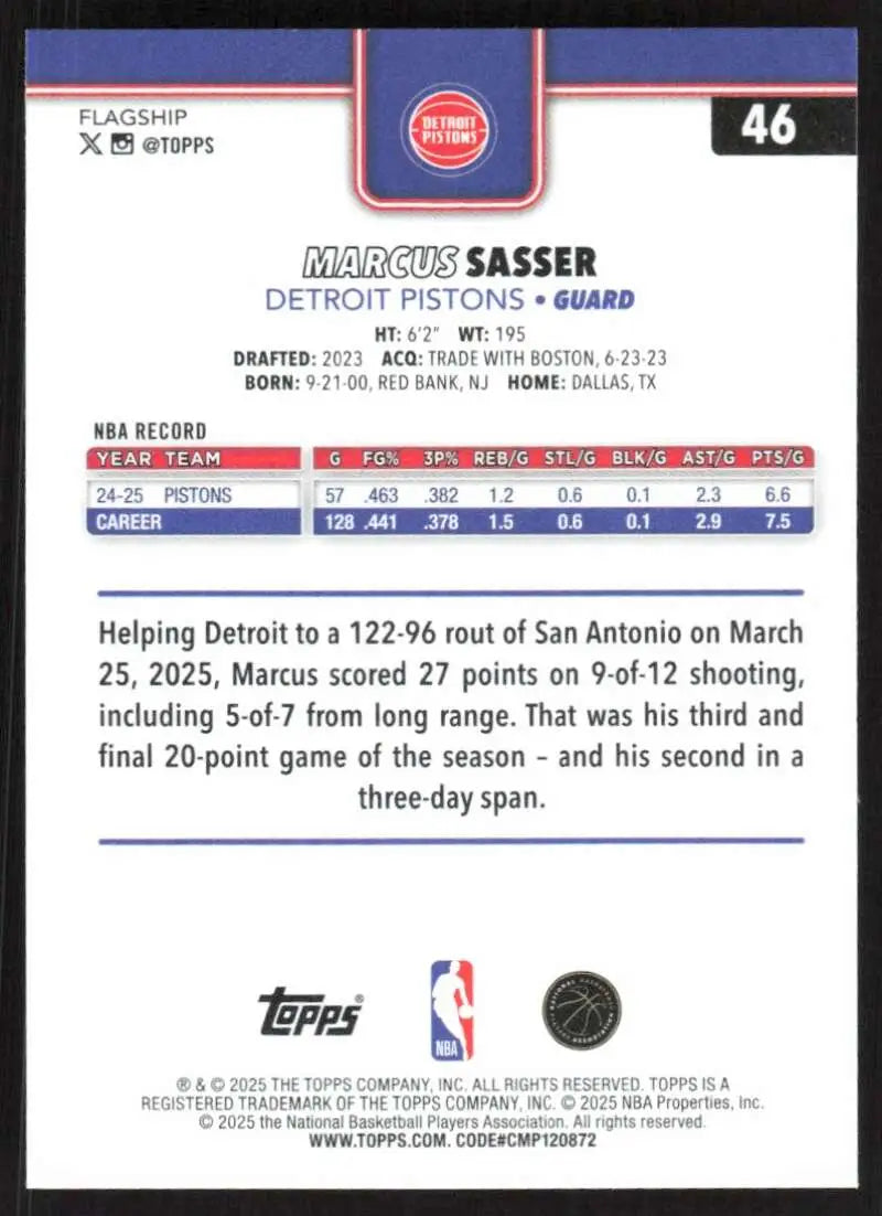 2025-26 Topps #46 Marcus Sasser NM-MT Detroit Pistons Basketball Card - Basketball Card Single