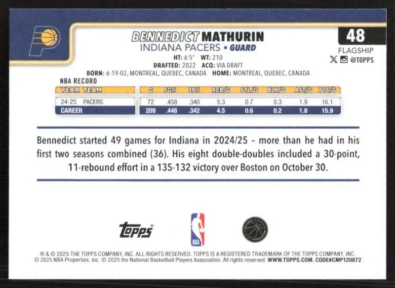 2025-26 Topps #48 Bennedict Mathurin NM-MT Indiana Pacers Basketball Card - Basketball Card Single