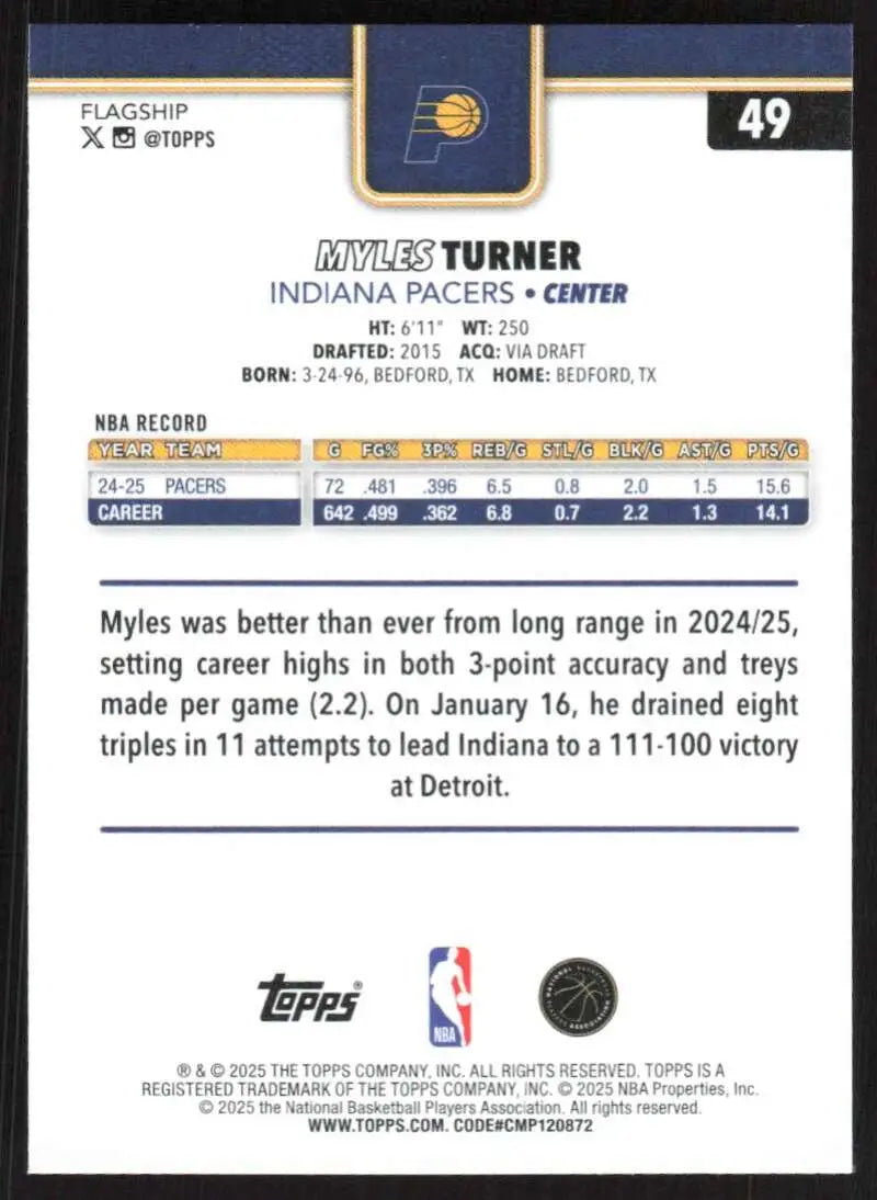 2025-26 Topps #49 Myles Turner NM-MT Indiana Pacers Basketball Card - Basketball Card Single