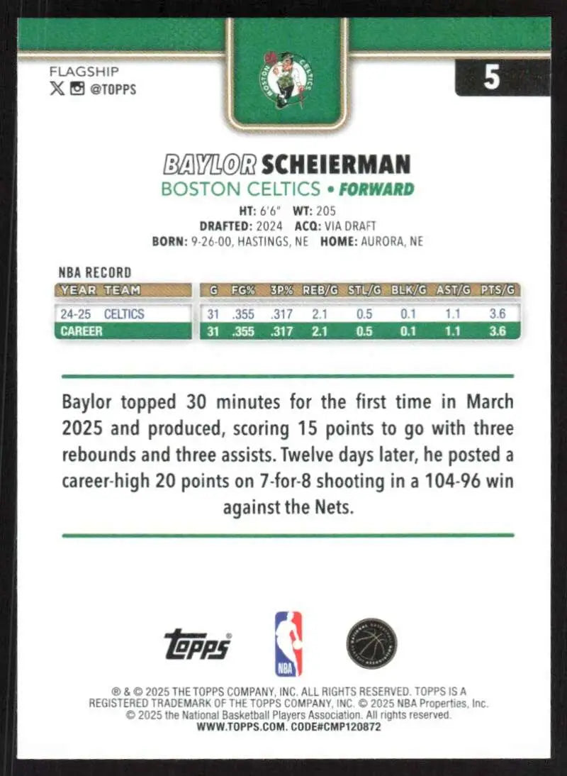 2025-26 Topps #5 Baylor Scheierman NM-MT Boston Celtics Basketball Card - Basketball Card Single