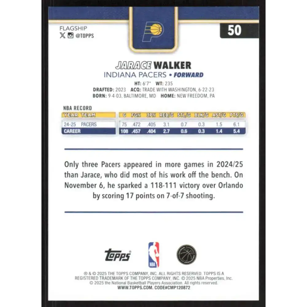 2025-26 Topps #50 Jarace Walker NM-MT Indiana Pacers Basketball Card - Basketball Card Single