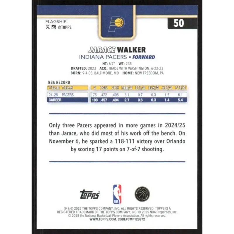 2025-26 Topps #50 Jarace Walker NM-MT Indiana Pacers Basketball Card - Basketball Card Single