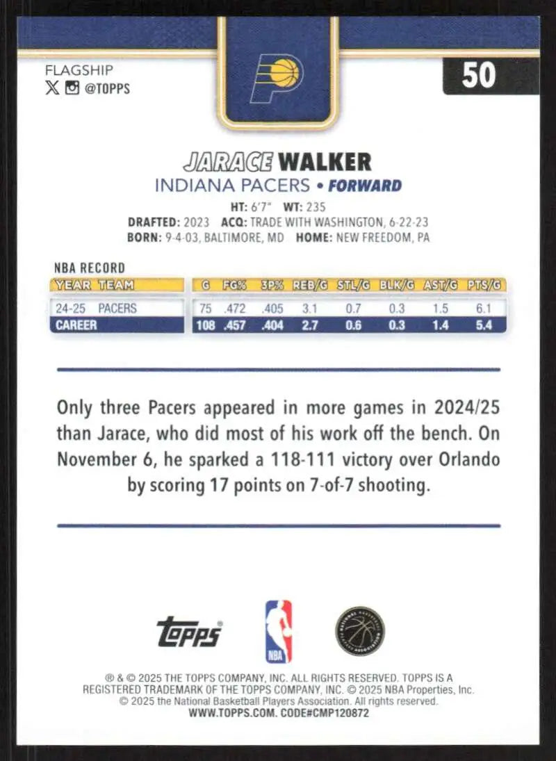 2025-26 Topps #50 Jarace Walker NM-MT Indiana Pacers Basketball Card - Basketball Card Single