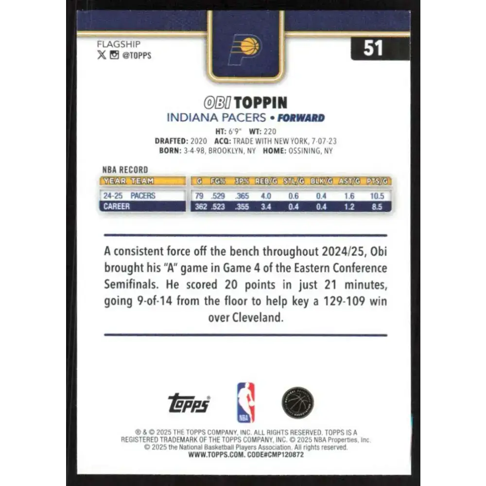 2025-26 Topps #51 Obi Toppin NM-MT Indiana Pacers Basketball Card - Basketball Card Single