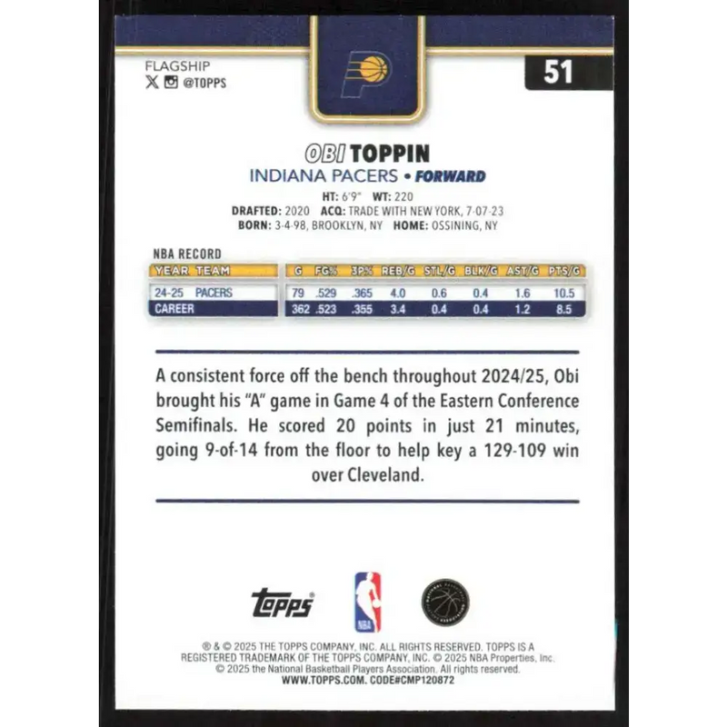 2025-26 Topps #51 Obi Toppin NM-MT Indiana Pacers Basketball Card - Basketball Card Single